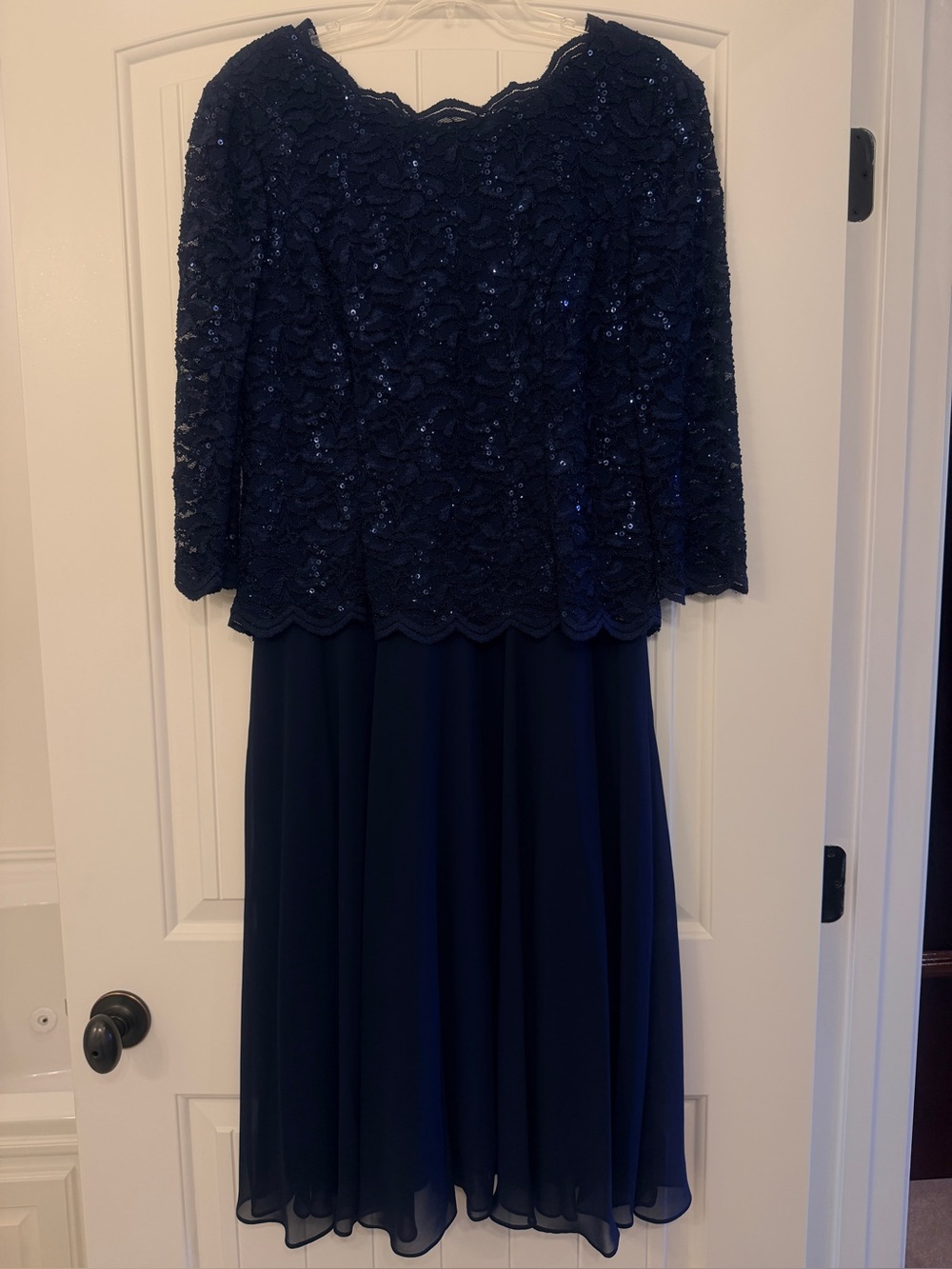 Alex Evening Dress Sz 14 Midi Lace/Sequins/Chiffon 3/4 Lace Sleeves Navy Blue